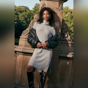 NWOT Lulu's Snuggled Up Light Grey Knit Turtleneck Midi Sweater Dress, Size S